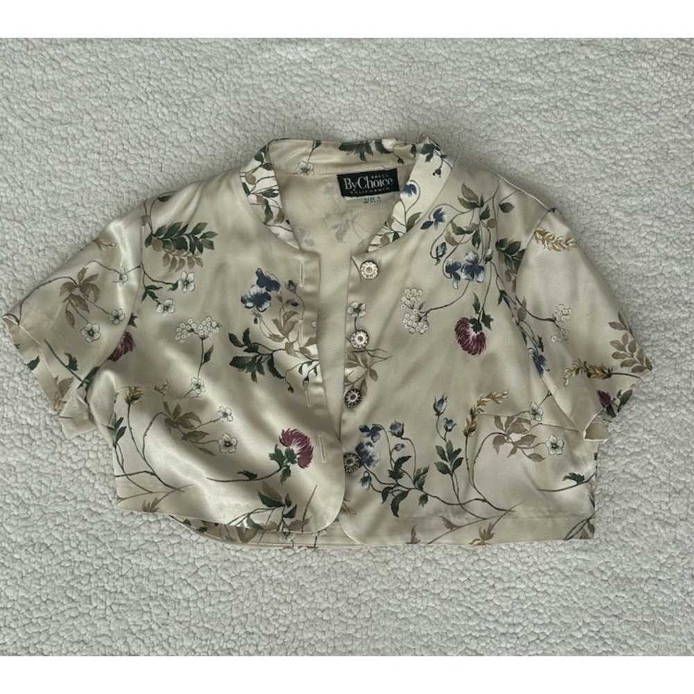 Vintage 90s Cropped Bolero Jacket Gold Button Floral Garden Short Sleeve Size 5